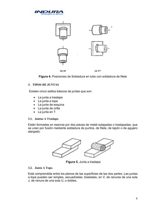 8
Figura 4. Posiciones de Soldadura en tubo con soldadura de filete
3. TIPOS DE JUNTAS
Existen cinco estilos básicos de juntas que son:
• La junta a traslape
• La junta a tope
• La junta de esquina
• La junta de orilla
• La junta en T
3.1. Juntas A Traslape.
Están formadas en esencia por dos piezas de metal solapadas o traslapadas, que
se unen por fusión mediante soldadura de puntos, de filete, de tapón o de agujero
alargado.
Figura 5. Junta a traslape
3.2. Junta A Tope.
Está comprendida entre los planos de las superficies de las dos partes. Las juntas
a tope pueden ser simples, escuadradas, biseladas, en V, de ranuras de una sola
J, de ranura de una sola U, o dobles.
 