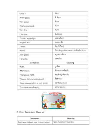 Great !
Pretty good.
Very good.
That's very good.
Very fine.
I like that.
You did a great job.
Magnificent.
Terrific.
Wow !
Jolly good.
Fantastic.
Sentences
Right.
Marvellous.
That's quite right.
You are communicating well.
Your pronunciation is very good.
You speak very fluently.

เยี่ยม
ดี ดีงาม
ดีมาก
ดีมาก
ดีมาก
ฉันชอบนะ
ผลงานดีมาก
งดงาม เลิศ
เลิศ ยิงใหญ
่
วาว (คําอุทานที่หมายความวา สิ่งที่เกิดขึ้น ดีมาก)
สนุกสนานดีมาก
ยอดเยี่ยม

Meaning
ถูกตอง
ดีเลิศอยางเหลือเชื่อ
คอนขางถูกตองแลว
สื่อสารไดดี
ออกสียงไดดีมาก
เธอพูดไดคลอง

2. Error Correction / Cheer up
Sentences
Don't worry about your pronunciation.

Meaning
ไมตองกังวลเรื่องการออกเสียง

 