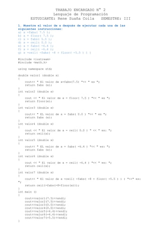 TRABAJO ENCARGADO N° 2
Lenguaje de Programación
ESTUDIANTE: Rene Suaña Coila SEMESTRE: III
1. Muestre el valor de x después de ejecutar cada una de las
siguientes instrucciones:
a) x =fabs( 7.5 );
b) x = floor( 7.5 );
c) x = fabs( 0.0 );
d) x = ceil( 0.0 );
e) x = fabs( -6.4 );
f) x = ceil( -6.4 );
g) x =ceil( -fabs( -8 + floor( -5.5 ) ) )
#include <iostream>
#include <math.h>
using namespace std;
double valor1 (double x)
{
cout<< " El valor de x=fabs(7.5) "<< " es ";
return fabs (x);
}
int valor2 (double x)
{
cout << " El valor de x = floor( 7.5 ) "<< " es ";
return floor(x);
}
int valor3 (double x)
{
cout<< " EL valor de x = fabs( 0.0 ) "<< " es ";
return fabs (x);
}
int valor4 (double x)
{
cout << " El valor de x = ceil( 0.0 ) " << " es: ";
return ceil(x);
}
int valor5 (double x)
{
cout<< " EL valor de x = fabs( -6.4 ) "<< " es: ";
return fabs (x);
}
int valor6 (double x)
{
cout << " El valor de x = ceil( -6.4 ) "<< " es: ";
return ceil(x);
}
int valor7 (double x)
{
cout<< " El valor de x =ceil( -fabs( -8 + floor( -5.5 ) ) ) "<<" es:
";
return ceil(-fabs(-8+floor(x)));
}
int main ()
{
cout<<valor1(7.5)<<endl;
cout<<valor2(7.5)<<endl;
cout<<valor3(0.0)<<endl;
cout<<valor4(0.0)<<endl;
cout<<valor5(-6.4)<<endl;
cout<<valor6(-6.4)<<endl;
cout<<valor7(-5.5)<<endl;
}
 