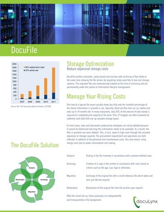 Storage Optimization
Reduce expensive storage costs
DocuFile enables automatic, policy based and revision safe archiving of files while at
the same time relieving the file servers by migrating rarely used files to low cost storage
systems. The migrated files are automatically indexed at the time of archiving and are
permanently under the control of information lifecycle management.
DocuFile
Manage Your Rising Costs
One look at a typical file server quickly shows you that only the smallest percentage of
the stored information is actually in use. Typically, these are files that are six, twelve and
even up to 24 months old. In many companies, only 20% of the amount of data stored is
required for completing the majority of the work. Thus, IT budgets are often burdened by
seldomly used data that use up valuable storage space.
In most cases, data and documents produced by employees are not be deleted because
it cannot be detemined how long this information needs to be available. As a result, the
files in question are never deleted. This, in turn, leads to high costs through the constant
expansion of storage capacity. The procurement department and operations are both
affected. In addition to the personnel and maintenance costs, this also means rising
energy costs due to power consumption and cooling.
Source: IDC, The Expanding Digital Universe, 03/2008
Analysis	
  
Tes%ng	
  of	
  the	
  ﬁle	
  inventory	
  in	
  accordance	
  with	
  
customer-­‐deﬁned	
  rules.	
  
	
  
Archiving	
  
Crea%on	
  of	
  a	
  copy	
  in	
  the	
  archive	
  in	
  accordance	
  
with	
  rules	
  based	
  on	
  criteria	
  such	
  as	
  ﬁle	
  age,	
  size,	
  
type	
  or	
  a?ributes.	
  
	
  
Migra.on	
  
Exchange	
  of	
  the	
  original	
  ﬁle	
  with	
  a	
  small	
  
reference	
  ﬁle	
  which	
  looks	
  and	
  acts	
  just	
  like	
  the	
  
original.	
  
	
  
Restora.on	
  
Restora%on	
  of	
  the	
  original	
  ﬁle	
  from	
  the	
  archive	
  
upon	
  request.	
  
AGer	
  the	
  ini%al	
  set-­‐up,	
  these	
  processes	
  run	
  independent	
  and	
  transparently	
  in	
  the	
  background.	
  
Analysis	
  
Archiving	
  	
  Restora.on	
  
Migra.on	
  	
  
Analysis	 	 Testing of the file inventory in accordance with customer-defined rules.
Archiving		 Creation of a copy in the archive in accordance with rules based on 	
		 criteria such as file age, size, type or attributes.
Migration		 Exchange of the original file with a small reference file which looks and	
		 acts just like the original.
Restoration	 Restoration of the original file from the archive upon request.
After the initial set-up, these processes run independently
and transparently in the background.
The DocuFile Solution
 