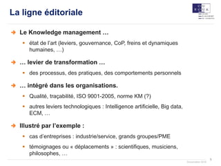 5
Documation 2018
La ligne éditoriale
Le Knowledge management …
 état de l’art (leviers, gouvernance, CoP, freins et dynamiques
humaines, …)
… levier de transformation …
 des processus, des pratiques, des comportements personnels
… intégré dans les organisations.
 Qualité, traçabilité, ISO 9001-2005, norme KM (?)
 autres leviers technologiques : Intelligence artificielle, Big data,
ECM, …
Illustré par l’exemple :
 cas d’entreprises : industrie/service, grands groupes/PME
 témoignages ou « déplacements » : scientifiques, musiciens,
philosophes, …
 