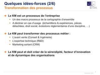 7
Documation 2018
Quelques idées-forces (2/6)
Transformation des processus
Le KM est un processus de l’entreprise
 Un des macro processus de la cartographie d’ensemble
 A décliner en cas d’usage (échantillons & expériences, pièces
détachées, droit social, évolutions réglementaires d’une discipline, …)
Le KM peut transformer des processus métier :
 L’avant vente (Conseil & Ingénierie)
 L’expertise technique (R&D)
 Marketing sortant (CRM)
Le KM peut et doit créer de la sérendipité, facteur d’innovation
et de dynamique des organisations
 