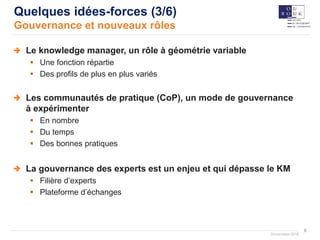 8
Documation 2018
Quelques idées-forces (3/6)
Gouvernance et nouveaux rôles
Le knowledge manager, un rôle à géométrie variable
 Une fonction répartie
 Des profils de plus en plus variés
Les communautés de pratique (CoP), un mode de gouvernance
à expérimenter
 En nombre
 Du temps
 Des bonnes pratiques
La gouvernance des experts est un enjeu et qui dépasse le KM
 Filière d’experts
 Plateforme d’échanges
 