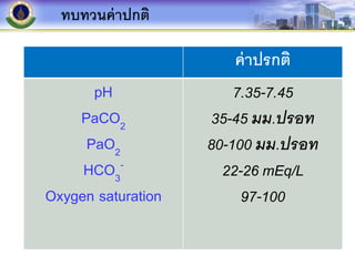 ทบทวนค่าปกติ
ค่าปรกติ
pH
PaCO2
PaO2
HCO3
-
Oxygen saturation
7.35-7.45
35-45 มม.ปรอท
80-100 มม.ปรอท
22-26 mEq/L
97-100
 