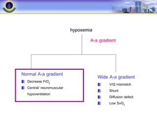 hypoxemia
A-a gradient
Normal A-a gradient
Decrease FiO2
Central/ neuromuscular
hypoventilation
Wide A-a gradient
V/Q mismatch
Shunt
Diffusion defect
Low SvO2
 