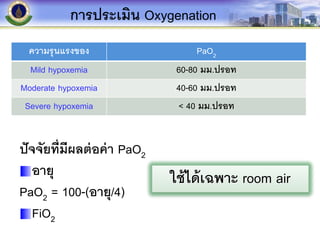 ใช้ได้เฉพาะ room air
การประเมิน Oxygenation
ความรุนแรงของ PaO2
Mild hypoxemia 60-80 มม.ปรอท
Moderate hypoxemia 40-60 มม.ปรอท
Severe hypoxemia < 40 มม.ปรอท
ปัจจัยที่มีผลต่อค่า PaO2
อายุ
PaO2 = 100-(อายุ/4)
FiO2
 