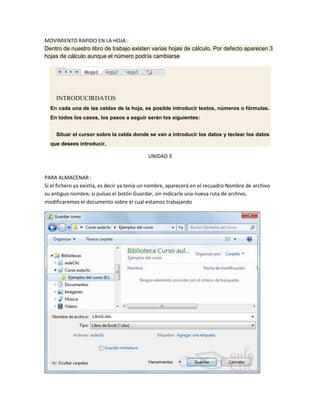 MOVIMIENTO RAPIDO EN LA HOJA :
Dentro de nuestro libro de trabajo existen varias hojas de cálculo. Por defecto aparecen 3
hojas de cálculo aunque el número podría cambiarse

INTRODUCIRDATOS
En cada una de las celdas de la hoja, es posible introducir textos, números o fórmulas.
En todos los casos, los pasos a seguir serán los siguientes:
Situar el cursor sobre la celda donde se van a introducir los datos y teclear los datos
que desees introducir.

UNIDAD 3

PARA ALMACENAR :
Si el fichero ya existía, es decir ya tenía un nombre, aparecerá en el recuadro Nombre de archivo
su antiguo nombre, si pulsas el botón Guardar, sin indicarle una nueva ruta de archivo,
modificaremos el documento sobre el cual estamos trabajando

 