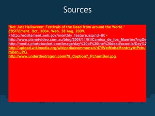 Sources "Not Just Halloween: Festivals of the Dead from around the World."  EDSITEment . Oct. 2004. Web. 28 Aug. 2009.  <http://edsitement.neh.gov/monthly_feature.asp?id=80 >  http://www.planetvideo.com.au/blog/2008/11/01/Camisa_de_los_Muertos7ngDetail.jpg http://media.photobucket.com/image/day%20of%20the%20dead/acootis/Day%20of%20the%20Dead/Day_of_the_Dead.jpg http://upload.wikimedia.org/wikipedia/commons/d/d7/WatMohaMontreyAtPchumBen.JPG  http://www.underthedragon.com/79_Caption7_PchumBen.jpg  