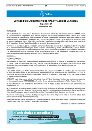 Boletín Oficial Nº 35.297 - Primera Sección 74 Lunes 13 de noviembre de 2023
Fallos
JURADO DE ENJUICIAMIENTO DE MAGISTRADO...