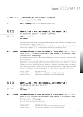 m1 s1

 autre choix cours de français pour étudiants étrangers
               Voir parcours précédent (cours IIEF)

             autre langue (voir département concerné)




ue2           séminaire – atelier design, architecture
              parcours design architecture
ar1bgu2       c o e f. 3 — e c t s 9
              un module


               Initiation générale à la recherche, connaissances générales des méthodes et des ressources, élaboration du
               projet de recherche à moyen et à long terme.
               Le séminaire de recherche disciplinaire a pour but d’approfondir les connaissances, la culture, les domaines
               historiques et analytiques sur des questions précises et délimitées méthodologiquement.

► ar1bgm16    séminaire théorie & pratiQue du design & de l’architecture (36 h td - coef 1)
               pierre LitzLer, - yves AyrAULt, DAnieL pAyot (en ALternAnCe) -/jeUDi 13h00 – 17h00
               séminaire atelier, méthodologie
               articulation théorie et pratique, aide méthodologique disciplinaire, initiation à la recherche en
               arts visuels, design
               Cet enseignement permet d’accompagner chaque étudiant dans la construction thématique et
               l’élaboration de la problématique de son projet de recherche personnel. Le séminaire est destiné
               à l’élaboration d’une méthodologie de la recherche - thématique, problématique, constitution
               d’un corpus de références, analyse d’objets et de textes, bibliographie – spécifique de chaque
               domaine d’étude (architecture, design, espace…) en vue de la conception du prémémoire.

               contrôle continu :           suivi de la recherche
               contrôle global :            pré mémoire et oral (rapport entre théorie et pratique)e
               deuxième session :           pré mémoire et oral (rapport entre théorie et pratique)




ue2           séminaire – atelier design, architecture
              parcours design projet
ar18gu2       c o e f. 3 — e c t s 9
              un module


► ar18gm16    séminaire théorie & pratiQue du design & de l’architecture (36 h td - coef 1)
               pierre LitzLer, - yves AyrAULt, DAnieL pAyot (en ALternAnCe) -/jeUDi 13h00 – 17h00
               séminaire atelier, méthodologie
               (voir UE2 du parcours Design architecture)

               contrôle continu :           suivi de la recherche
               contrôle global :            pré mémoire et oral (rapport entre théorie et pratique)e
               deuxième session :           pré mémoire et oral (rapport entre théorie et pratique)

                                                                                                                              101
 