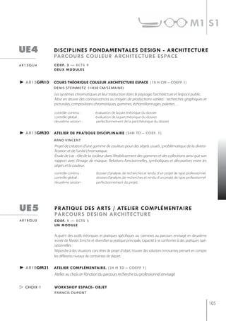 m1 s1

ue4          disciplines fondamentales design - architecture
             parcours couleur architecture espace
ar15gu4      c o e f. 3 — e c t s 9
             deux modules


► ar15gm10   cours théoriQue couleur architecture espace (18 h cm – coeff 1)
             denis steinmetz (1h30 cm/semaine)
             Les systèmes chromatiques et leur traduction dans le paysage, l’architecture et l’espace public.
             Mise en œuvre des connaissances au moyen de productions variées : recherches graphiques et
             picturales, compositions chromatiques, gammes, échantillonnages, palettes…

             contrôle continu :           évaluation de la part théorique du dossier
             contrôle global :            évaluation de la part théorique du dossier
             deuxième session :           perfectionnement de la part théorique du dossier


► ar15gm20   atelier de pratiQue disciplinaire (24h td – coef. 1)
             arno vincent
             Projet de création d’une gamme de couleurs pour des objets usuels ; problématique de la diversi-
             fication et de l’unité chromatique.
             Étude de cas : rôle de la couleur dans l’établissement des gammes et des collections ainsi que son
             rapport avec l’image de marque. Relations fonctionnelles, symboliques et décoratives entre les
             objets et la couleur.
             contrôle continu :            dossier d’analyse, de recherches et rendu d’un projet de type professionnel
             contrôle global :             dossier d’analyse, de recherches et rendu d’un projet de type professionnel
             deuxième session :            perfectionnement du projet




ue5          pratiQue des arts / atelier complémentaire
             parcours design architecture
ar1bgu5      c o e f. 1 — e c t s 3
             un module

             Acquérir des outils théoriques et pratiques spécifiques ou connexes au parcours envisagé en deuxième
             année de Master. Enrichir et diversifier sa pratique principale, capacité à se confronter à des pratiques opé-
             rationnelles.
             Répondre à des situations concrètes de projet d'objet, trouver des solutions innovantes prenant en compte
             les différents niveaux de contraintes de départ.


► ar1bgm21   atelier complémentaire. (24 h td – coeff 1)
             Atelier au choix en fonction du parcours recherche ou professionnel envisagé

 choix 1    Workshop espace- objet
             francis duPont


                                                                                                                              105
 
