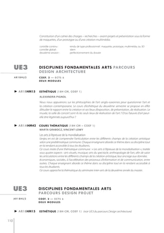 Constitution d’un cahier des charges – recherches – avant-projets et présentation sous la forme
                    de maquettes, d’un prototype ou d’une création multimédia.

                    contrôle continu :         rendu de type professionnel : maquette, prototype, multimédia, ou 3D
                    contrôle global :          idem
                    deuxième session :         perfectionnement du dossier




      ue3          disciplines fondamentales arts parcours
                   design architecture
      ar1bhu3      c o e f. 2 — e c t s 6
                   deux modules



      ► ar1bhm15    esthétiQue (18h cm, coef 1)
                    alexandra Pignol

                    Nous nous appuierons sur les philosophies de l’art anglo-saxonnes pour questionner l’art et
                    la création contemporaine. Le cours d’esthétique du deuxième semestre se propose en effet
                    d’étudier le rapport entre la création et ses lieux d’exposition, de présentation, de réalisation. Le
                    musée, la salle de concert sont-ils les seuls lieux de réalisation de l'art ? D'où l’œuvre d’art peut-
                    elle être légitimée aujourd’hui ?


      ► ar1ahm42 cours thématiQue (18h cm – coef 1)
                    mArtA grAboCz, vinCent LoWy

                    les arts à l’épreuve de la mondialisation
                    L’enjeu en est de comprendre l’articulation entre les différents champs de la création artistique
                    selon une problématique commune. Chaque enseignant aborde ce thème dans sa discipline tout
                    en la rendant accessible à tous les étudiants.
                    Ce cours traite d’une thématique commune : « Les arts à l’épreuve de la mondialisation », traitée
                    sous quatre aspects : arts visuels, musique, arts du spectacle, anthropologie de l’art, afin de saisir
                    les articulations entre les différents champs de la création artistique, leur ancrage aux données
                    économiques, sociales, à l’accélération des processus d’information et de communication, entre
                    autres. Chaque enseignant aborde ce thème dans sa discipline tout en la rendant accessible à
                    tous les étudiants.
                    Ce cours approche la thématique du séminaire inter-arts de la deuxième année du master.




      ue3          disciplines fondamentales arts
                   parcours design projet
      ar18hu3      c o e f. 2 — e c t s 6
                   deux modules


      ► ar18hm15    esthétiQue (18h cm, coef 1) (voir UE3 du parcours Design architecture)


110
 