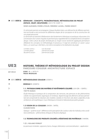 ► ar18km16   séminaire : concepts, problématiQues, méthodologie de projet
                   (espace, objet, graphisme) (48 h td coef 1)
                   Denis gUesnier, pierre LitzLer, fréDériC LUCKeL, pierre verCey

                   Ce séminaire permet accompagner chaque étudiant dans une démarche de réflexion permet-
                   tant de fonder et de construire les différentes étapes de la conception et de la construction de
                   son projet personnel.
                   Le séminaire est destiné à l’élaboration des fondements théoriques et pratiques nécessaires à la
                   constitution d’un savoir singulier et pertinent pour appréhender la complexité de la conception
                   design. Cette culture de projet s’échafaude au moyen d’une recherche appliquée permettant
                   d’élaborer les concepts, la méthodologie, le processus. Il s’agit de constituer un savoir « pour
                   faire », un savoir qui « fait faire », lors de la conception et la réalisation du projet.

                   contrôle continu :         suivi de projet
                   contrôle global :          prémémoire projet
                   deuxième session :         prémémoire projet




      ue2          histoire, théorie et méthodologie du projet design
                   parcours couleur architecture espace
      ar15ku2      c o e f. 3 — e c t s 9
                   t ro i s m o d u l e s



      ► ar15km10   méthodologie couleur (coef1)

      ►            module 1 (coef2)

                  1.1. physiQue-chimie des matières et revêtements colorés (8 h cm – 12htd )
                   y vet te AgnUs
                   Étude théorique et pratique de la composition des teintures, des peintures et des phénomènes
                   colorés non pigmentaires organiques et minéraux. Apprentissage des éléments de base permet-
                   tant de comprendre les réactions des matières colorées en fonctions des divers subjectiles et des
                   ambiances atmosphériques. Cours théoriques et travail en laboratoire par petits groupes.


                  1.2 vision de la couleur (2hcm - 3htd)
                   claude kahn
                   Optique – système visuel - différences de la perception des couleurs selon les individus et les condi-
                   tions extérieures – phénomènes cliniques et illusions d’optique.


                  1.3. technologie des produits colorés & résistance des matériaux (14hcm)

                   1.3.1. roland Perriot
                   Les peintures minérales : pigments, liants, charges, fabrication-commercialisation – application


118
 