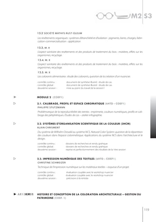 m2 s3

             13.2 soCiété mAthys rUst-oLeUm
             Les revêtements organiques : systèmes d’étanchéité et d’isolation - pigments, liants, charges, fabri-
             cation-commercialisation - application

             13.3..m. x
             L’aspect sanitaire des revêtements et des produits de traitement du bois : matières, effets sur les
             organismes, recyclage.
             13.4. m. x
             L’aspect sanitaire des revêtements et des produits de traitement du bois : matières, effets sur les
             organismes, recyclage.
             13.5. m. x
             Les colorants alimentaires : étude des colorants, question de la création d’un nuancier.

             contrôle continu :         document de synthèse illustré - étude de cas
             contrôle global :          document de synthèse illustré - étude de cas
             deuxième session :         mise au point du travail de la session1


►            module 2 (coef1)

            2.1. calibrage, profil et espace chromatiQue (6htd - coef1)
             PhiliPPe stutzmann
             Problématique de la reproductibilité des teintes : imprimerie, couleurs numériques, profils et cali-
             brage des périphériques. Études de cas – atelier infographie.


            2.2. systèmes d'organisation scientifiQue de la couleur (2hcm)
             alain chrisment
             Du système de Wilhelm Ostvald au système NCS, Natural Color System: question de la répartition
             des couleurs dans l’espace colorimétrique. Applications du système NCS dans l’architecture et le
             design.
             contrôle continu :         dossiers de recherches et rendu grahique
             contrôle global :          dossiers de recherches et rendu grahique
             deuxième session :         reprise et perfectionnement des résultats de la 1ère session


            2.3. impression numériQue des textiles (6htd - coef1)
             christine schweizer
             Technique de l’impression numérique sur les matériaux textiles – esquisse d’un projet.
             contrôle continu :         évaluation couplée avec le workshop nuancier
             contrôle global :          évaluation couplée avec le workshop nuancier
             deuxième session :         précisions à la rentrée




► ar15km11   histoire et conception de la coloration architecturale – gestion du
             patrimoine (coef. 1)



                                                                                                                     119
 