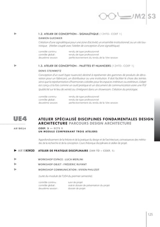 m2 s3

►            1.2. atelier de conception - signalétique (12htd- coef 1)
             damien guesnier
             Création d’une signalétique pour une zone d’activité, un ensemble institutionnel, ou un site tou-
             ristique. (Atelier couplé avec l’atelier de conception d’une signalétique)

             contrôle continu              rendu de type professionnel
             contrôle global :             rendu de type professionnel
             deuxième session              perfectionnement du rendu de la 1ère session


►            1.3. atelier de conception - palettes et nuanciers (12htd- coef 1)
             denis steinmetz
             Conception d’un outil (type nuancier) destiné à représenter des gammes de produits de déco-
             ration pour un fabricant, un distributeur ou une institution. Il doit faciliter le choix des teintes
             ainsi que la représentation d’harmonies colorées pour les espaces intérieurs ou extérieurs. L’objet
             est conçu à la fois comme un outil pratique et un document de communication voire une PLV
             (publicité sur le lieu de vente) ou s’intégrant dans un showroom. Création du prototype.

             contrôle continu              rendu de type professionnel
             contrôle global :             rendu de type professionnel
             deuxième session              perfectionnement du rendu de la 1ère session




ue4          atelier spécialisé disciplines fondamentales design
             architecture parcours design architecture
ar1bku4      c o e f. 3 — e c t s 9
             u n m o d u l e c o m p r e n a n t t ro i s at e l i e r s


             Approfondissement de la théorie et de la pratique du design et de l’architecture, connaissances des métho-
             des de la recherche et de la conception. Cours théorique disciplinaire et atelier de projet.

► ar1bkm20   atelier de pratiQue disciplinaire (24h td – coef. 1)


►            workshoP esPace : luca merlini

►            WorKshop objet : fréDériC rUyAnt

►            workshoP communication : vivien Philizot

             (suite du module de l'UE4 du premier semestre).

             contrôle continu :           suivi de projet
             contrôle global :            oral et dossier de présentation du projet
             deuxième session :           dossier de projet




                                                                                                                          125
 
