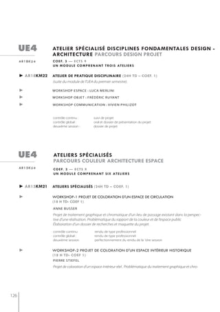 ue4          atelier spécialisé disciplines fondamentales design -
                   architecture parcours design projet
      ar18ku4      c o e f. 3 — e c t s 9
                   u n m o d u l e c o m p r e n a n t t ro i s at e l i e r s

      ► ar18km22   atelier de pratiQue disciplinaire (24h td – coef. 1)
                   (suite du module de l'UE4 du premier semestre).

      ►            workshoP esPace : luca merlini

      ►            WorKshop objet : fréDériC rUyAnt

      ►            workshoP communication : vivien Philizot


                   contrôle continu :           suivi de projet
                   contrôle global :            oral et dossier de présentation du projet
                   deuxième session :           dossier de projet




      ue4          ateliers spécialisés
                   parcours couleur architecture espace
      ar15ku4      c o e f. 3 — e c t s 9
                   u n m o d u l e c o m p r e n a n t s i x at e l i e r s


      ► ar15km21   ateliers spécialisés (24h td – coef. 1)

      ►            workshop-1 projet de coloration d'un espace de circulation
                   (18 h td- coef 1)
                   anne busser
                   Projet de traitement graphique et chromatique d’un lieu de passage existant dans la perspec-
                   tive d’une réalisation. Problématique du rapport de la couleur et de l’espace public
                   Élaboration d’un dossier de recherches et maquette du projet.
                   contrôle continu              rendu de type professionnel
                   contrôle global :             rendu de type professionnel
                   deuxième session              perfectionnement du rendu de la 1ère session


      ►            workshop-2 projet de coloration d'un espace intérieur historique
                   (18 h td- coef 1)
                   Pierre stiefel
                   Projet de coloration d’un espace intérieur réel . Problématique du traitement graphique et chro-




126
 