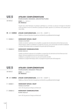 ue5          atelier complémentaire
                   parcours design architecture
      ar1bku5      c o e f. 1 — e c t s 3
                   un module

                   Acquérir des outils théoriques et pratiques spécifiques ou connexes au parcours envisagé en deuxième
                   année de Master. Enrichir et diversifier sa pratique principale, capacité à se confronter à des pratiques opé-
                   rationnelles.


      ► ar1bkm22   atelier complémentaire. (24 h td – coeff 1)
                   Atelier au choix en fonction du parcours recherche ou professionnel envisagé

       choix 1    Workshop espace- objet
                   francis duPont
                   L’atelier est destiné à préciser et à compléter un projet dans les domaines de l’architecture et du
                   design (espace, objet), et à élaborer un projet de concours, une commande concrète et à élaborer
                   un projet thématique selon un programme particulier de l’enseignant.

       choix 2    Workshop communication
                   Pierre roesch

                   L’atelier est destiné à préciser et à compléter un projet dans les domaines de l’architecture et du
                   design ( domaine graphisme et communication visuelle).
                   à élaborer un projet de concours ou une commande concrète
                   à élaborer un projet thématique selon un programme particulier de l’enseignant.




      ue5          atelier complémentaire
                   parcours design projet
      ar18ku5      c o e f. 1 — e c t s 3
                   un module


      ► ar18km23   atelier complémentaire. (24 h td – coeff 1)
                   Atelier au choix en fonction du parcours recherche ou professionnel envisagé

       choix 1    Workshop espace- objet
                   francis duPont
                   (voir UE5 du parcours Design architecture)

       choix 2    Workshop communication
                   Pierre roesch

                   (voir UE5 du parcours Design architecture)




128
 