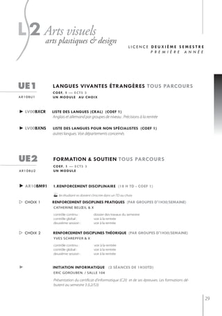 s
l2 Arts visuels design
   arts plastiques &
                                                                   licence deuxième semestre
                                                                           p r e m i è r e a n n é e




ue1            langues vivantes étrangères tous parcours
               c o e f. 1 — e c t s 3
a r 1 0 bu 1   u n m o d u l e au c h o i x



► lv00bxcr     liste des langues (cral) (coef 1)
               Anglais et allemand par groupes de niveau . Précisions à la rentrée

► lv00bxns     liste des langues pour non spécialistes (coef 1)
               autres langues. Voir départements concernés




ue2            formation & soutien tous parcours
               c o e f. 1 — e c t s 3
a r 1 0 bu 2   un module



► ar10bm91     1.renforcement disciplinaire (18 h td - coef 1)

               les étudiant-es doivent s’inscrire dans un TD au choix
 choix 1      renforcement disciplines pratiQues (par groupes d'1h30/semaine)
               catherine belœil & x

               contrôle continu :          dossier des travaux du semestre
               contrôle global :           voir à la rentrée
               deuxième session :          voir à la rentrée


 choix 2      renforcement disciplines théoriQue (par groupes d'1h30/semaine)
               y ves sChrepfer & X

               contrôle continu :          voir à la rentrée
               contrôle global :           voir à la rentrée
               deuxième session :          voir à la rentrée



►              initiation informatiQue (2 séances de 1h30td)
               eric gorouben. / salle 104

               Présentation du certificat d'informatique (C2I) et de ses épreuves. Les formations dé-
               butent au semestre 3 (L2/S3)


                                                                                                        29
 