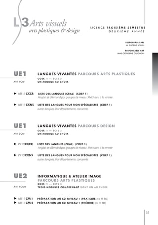 s
l3arts plastiques & design
  Arts visuels                                                 licence troisième semestre
                                                                        deuxième année


                                                                                         responsable apl
                                                                                         m. eugène bonin

                                                                                         responsable arp
                                                                                   mme catherine guignon




ue1          langues vivantes parcours arts plastiQues
             c o e f. 1 — e c t s 3
ar11cu1      u n m o d u l e au c h o i x



► ar11cxcr   liste des langues (cral) (coef 1)
             Anglais et allemand par groupes de niveau . Précisions à la rentrée

► ar11cxns   liste des langues pour non spécialistes (coef 1)
             autres langues. Voir départements concernés




ue1          langues vivantes parcours design
             c o e f. 1 — e c t s 3
ar12cu1      u n m o d u l e au c h o i x



► lv12cxcr   liste des langues (cral) (coef 1)
             Anglais et allemand par groupes de niveau . Précisions à la rentrée

► lv12cxns   liste des langues pour non spécialistes (coef 1)
             autres langues. Voir départements concernés




ue2          informatiQue & atelier image
             parcours arts plastiQues
             c o e f. 1 — e c t s 3
ar11cuii     t ro i s m o d u l e s c o m p r e n a n t d o n t u n au c h o i x



► ar11cmi1   préparation au c2i niveau 1 (pratiQue) (6 h td)
► ar11cmi2   préparation au c2i niveau 1 (théorie) (6 h td)


                                                                                                           35
 