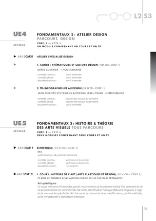 l2 s3

ue4          fondamentaux 2 : atelier design
             parcours design
             c o e f. 1 — e c t s 3
ar12cu4
             un module comprenant un cours et un td



► ar12cm21   atelier spécialisé design

►            1. cours : thématiQues et culture design (12h cm - coef 1)
             denis guesnier - 1hcm /semaine

             contrôle continu :        voir à la rentrée
             contrôle global :         voir à la rentrée
             deuxième session :        voir à la rentrée


►            2. td: infographie liée au design (24 h td - coef 1)
             jean-PhiliPPe stutzmann & étienne jaxel-truer - 2htd/semaine

             contrôle continu :        dossier des travaux du semestre
             contrôle global :         dossier des travaux du semestre
             deuxième session :        voir à la rentrée




ue5          fondamentaux 3 : histoire & théorie
             des arts visuels tous parcours
ar10cu5      c o e f. 2 — e c t s 6
             deux modules comprenant deux cours et un td




► ar10cm17   esthétiQue (12 h cm- coef 1)
             m.x
             suite du cours du premier semestre
             contrôle continu :         précisions à la rentrée
             contrôle global :          précisions à la rentrée
             deuxième session :         un examen


►ar10cm12    1. cours : histoire de l'art (arts plastiQues et design) (18 h cm - coef 1)
             CLAire Le thomAs & syLvAin bALigAnD (1h30 Cm en ALternAnCe)

             Arts plastiques :
             Ce cours retracera l’histoire des grands mouvements de la première moitié (1er semestre) et de
             la seconde moitié (2e semestre) du 20e siècle. Par l’étude et l’analyse d’œuvres majeures, il s’agi-
             ra de montrer les spécificités de chacun de ces courants et les modifications, parfois radicales,
             qu’ils ont apportés à la pratique artistique.



                                                                                                                    39
 