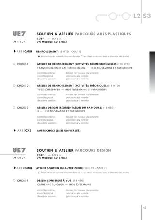l2 s3

ue7         soutien & atelier parcours arts plastiQues
            c o e f. 1 — e c t s 3
ar11cu7     u n m o d u l e au c h o i x



►ar11cm84   renforcement (18 h td - coef 1)
            les étudiant-es doivent s’inscrire dans un TD au choix en accord avec le directeur des études

 choix 1   atelier de renforcement (activités bidimensionnelles) (18 htd)
            françois klein et catherine belœil — 1h30 td/semaine et Par grouPe

            contrôle continu :           dossier des travaux du semestre
            contrôle global :            précisions à la rentrée
            deuxième session :           précisions à la rentrée


 choix 2   atelier de renforcement (activités théoriQues) (18 htd)
            y ves sChreppfer — 1h30 tD/semAine et pAr groUpe

            contrôle continu :           dossier des travaux du semestre
            contrôle global :            précisions à la rentrée
            deuxième session :           précisions à la rentrée


 choix 3   atelier design (réorientation du parcours) (18 htd)
            x — 1h30 td/semaine et Par grouPe

            contrôle continu :           dossier des travaux du semestre
            contrôle global :            précisions à la rentrée
            deuxième session :           précisions à la rentrée


► ar11cx2   autre choix (liste université)




ue7         soutien & atelier parcours design
            c o e f. 1 — e c t s 3
ar12cu7     u n m o d u l e au c h o i x



►ar12cm84   atelier soutien ou autre choix (18 h td - coef 1)
            les étudiant-es doivent s’inscrire dans un TD au choix en accord avec le directeur des études

 choix 1   dessin construit à vue (18 htd)
            catherine guignon — 1h30 td/semaine

            contrôle continu :           dossier des travaux du semestre
            contrôle global :            précisions à la rentrée
            deuxième session :           précisions à la rentrée




                                                                                                               41
 