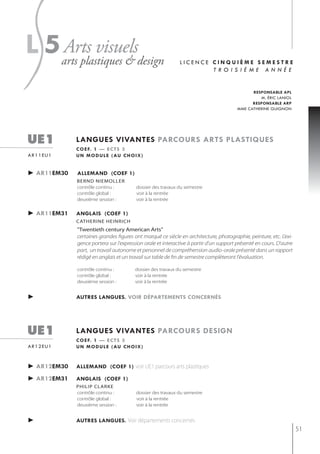 s
l 5arts plastiques & design
   Arts visuels
                                                             licence cinQuième semestre
                                                                     troisième année


                                                                                             responsable apl
                                                                                                m. éric laniol
                                                                                             responsable arp
                                                                                       mme catherine guignon




ue1          langues vivantes parcours arts plastiQues
             c o e f. 1 — e c t s 3
ar11eu1      u n m o d u l e ( au c h o i x )


► ar11em30   allemand (coef 1)
             bernd niemoller
             contrôle continu :          dossier des travaux du semestre
             contrôle global :           voir à la rentrée
             deuxième session :          voir à la rentrée

► ar11em31   anglais (coef 1)
             catherine heinrich
             "twentieth century American Arts"
             certaines grandes figures ont marqué ce siècle en architecture, photographie, peinture, etc. L'exi-
             gence portera sur l'expression orale et interactive à partir d'un support présenté en cours. D'autre
             part, un travail autonome et personnel de compréhension audio-orale présenté dans un rapport
             rédigé en anglais et un travail sur table de fin de semestre complèteront l'évaluation.

             contrôle continu :          dossier des travaux du semestre
             contrôle global :           voir à la rentrée
             deuxième session :          voir à la rentrée


►            autres langues. voir départements concernés




ue1          langues vivantes parcours design
             c o e f. 1 — e c t s 3
ar12eu1      u n m o d u l e ( au c h o i x )


► ar12em30   allemand (coef 1) voir UE1 parcours arts plastiques

► ar12em31   anglais (coef 1)
             PhiliP clarke
             contrôle continu :          dossier des travaux du semestre
             contrôle global :           voir à la rentrée
             deuxième session :          voir à la rentrée


►            autres langues. Voir départements concernés
                                                                                                                    51
 