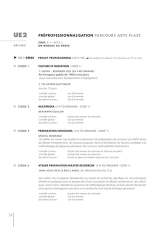 ue2          préprofessionnalisation parcours arts plast.
                  c o e f. 1 — e c t s 3
     ar11eu2      u n m o d u l e au c h o i x



     ► ar11em88   projet professionnel (24 h td)                les étudiant-es doivent s’inscrire dans un TD au choix
      choix 1    culture et mediation (coef 1)
                  1. cours : bernArD goy (2h Cm/semAine)
                  Art et espace public de 1960 à nos jours
                  (cous mutualisé avec la préparation à l'agrégation)

                  2. td: katrin gat tinger
                  tous les 15 jours
                  contrôle continu :        voir à la rentrée
                  contrôle global :         voir à la rentrée
                  deuxième session :        voir à la rentrée

      choix 2    multimedia (2 h td/semaine - coef 1)
                  benjamin goulon

                  contrôle continu :        dossier des travaux du semestre
                  contrôle global :         voir à la rentrée
                  deuxième session :        voir à la rentrée


      choix 3    preparation concours (2 h td/semaine - coef 1)
                  michel demange
                  Cet atelier est ouvert aux étudiants se destinant à la préparation du concours du CAPES et/ou
                  du Master enseignement. Les travaux proposés visent à familiariser les futures candidats à la
                  méthodologie des épreuves plastiques du concours (admissibilité et admission).
                  contrôle continu :        dossier des travaux du semestre et épreuve sur place
                  contrôle global :         dossier des travaux du semestre
                  deuxième session :        travail sur place (simulation épreuve du concours)


      choix 4    atelier preparation master recherche (2 h td/semaine - coef 1)
                  jean-louis hess & éric laniol          (en alternance tous les 15 j.)

                  Cet atelier vise à préparer l’étudiant(e) au travail de recherche spécifique en arts plastiques
                  (théorie et pratique) dans la perspective d’une inscription en Master recherche en arts plasti-
                  ques. Seront ainsi abordés les questions de méthodologie (écriture, lecture, dossier de presse),
                  ainsi que les interrogations portant sur la recherche d’un travail artistique personnel.
                  contrôle continu :        dossier des travaux du semestre
                  contrôle global :         voir à la rentrée
                  deuxième session :        voir à la rentrée




52
 