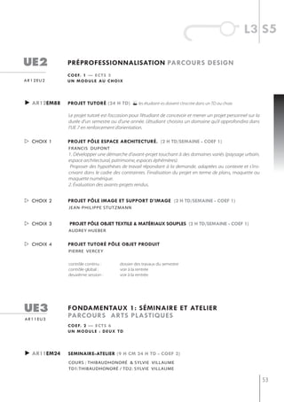 l3 s5

ue2          préprofessionnalisation parcours design
             c o e f. 1 — e c t s 3
ar12eu2      u n m o d u l e au c h o i x



► ar12em88   projet tutoré (24 h td)         les étudiant-es doivent s’inscrire dans un TD au choix
             Le projet tutoré est l’occasion pour l’étudiant de concevoir et mener un projet personnel sur la
             durée d’un semestre ou d’une année. L’étudiant choisira un domaine qu’il approfondira dans
             l’UE 7 en renforcement d’orientation.

 choix 1    projet pôle espace architecturé. (2 h td/semaine - coef 1)
             francis duPont
             1. Développer une démarche d'avant-projet touchant à des domaines variés (paysage urbain,
             espace architectural, patrimoine, espaces éphémères).
              Proposer des hypothèses de travail répondant à la demande, adaptées au contexte et s'ins-
             crivant dans le cadre des contraintes. Finalisation du projet en terme de plans, maquette ou
             maquette numérique.
             2. Évaluation des avants-projets rendus.


 choix 2    projet pôle image et support d’image (2 h td/semaine - coef 1)
             jean-PhiliPPe stutzmann


 choix 3    projet pôle objet textile & matériaux souples (2 h td/semaine - coef 1)
             AUDrey hUeber


 choix 4    projet tutoré pôle objet produit
             pierre verCey


             contrôle continu :        dossier des travaux du semestre
             contrôle global :         voir à la rentrée
             deuxième session :        voir à la rentrée




ue3          fondamentaux 1: séminaire et atelier
ar11eu3
             parcours arts plastiQues
             c o e f. 2 — e c t s 6
             un module : deux td




► ar11em24   seminaire-atelier (9 h cm 24 h td - coef 2)
             CoUrs : thibAUDhonoré & syLvie viLLAUme
             tD1:thibAUDhonoré / tD2: syLvie viLLAUme

                                                                                                                53
 