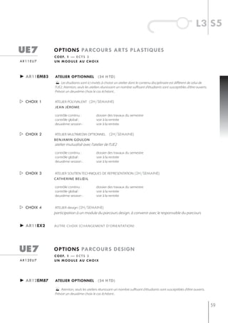 l3 s5

ue7          options parcours arts plastiQues
             c o e f. 1 — e c t s 3
ar11eu7      u n m o d u l e au c h o i x



► ar11em83   atelier optionnel (24 h td)
              Les étudiants sont ici invités à choisir un atelier dont le contenu disciplinaire est différent de celui de
             l'UE2. Atention, seuls les ateliers réunissant un nombre suffisant d'étudiants sont susceptibles d'être ouverts.
             Prévoir un deuxième choix le cas échéant..


 choix 1    ATELIER POLYVALENT (2h/semaine)
             jean jérome

             contrôle continu :            dossier des travaux du semestre
             contrôle global :             voir à la rentrée
             deuxième session :            voir à la rentrée


 choix 2    ATELIER MULTIMEDIA OPTIONNEL (2h/semaine)
             benjamin goulon
             atelier mutualisé avec l'atelier de l'UE2

             contrôle continu :            dossier des travaux du semestre
             contrôle global :             voir à la rentrée
             deuxième session :            voir à la rentrée


 choix 3    ATELIER SOUTIEN TECHNIQUES DE REPRESENTATION (2h/semaine)
             catherine belœil

             contrôle continu :            dossier des travaux du semestre
             contrôle global :             voir à la rentrée
             deuxième session :            voir à la rentrée


 choix 4    ATELIER design (2h/semaine)
             participation à un module du parcours design. à convenir avec le responsable du parcours


► ar11ex2    AUTRE CHOIX (CHANGEMENT D'ORIENTATION)




ue7          options parcours design
             c o e f. 1 — e c t s 3
ar12eu7      u n m o d u l e au c h o i x




► ar12em87   atelier optionnel (24 h td)

                Atention, seuls les ateliers réunissant un nombre suffisant d'étudiants sont susceptibles d'être ouverts.
             Prévoir un deuxième choix le cas échéant..


                                                                                                                                59
 