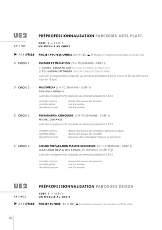 ue2          préprofessionnalisation parcours arts plast.
                  c o e f. 1 — e c t s 3
     ar11fu2      u n m o d u l e au c h o i x


     ► ar11fm88   projet professionnel (24 h td)             les étudiant-es doivent s’inscrire dans un TD au choix
      choix 1    culture et mediation (2 h td/semaine - coef 1)
                  1. CoUrs : bernArD goy (2h/cm chaque quinzaine)
                  2. td.: katrin gat tinger (2h/cm chaque quinzaine)
                  suite des enseignements proposés au semestre précédent (L3/S5). Cours et TD en alternance
                  tous les 15 jours

      choix 2    multimedia (2 h td/semaine - coef 1)
                  benjamin goulon
                  suite des enseignements proposés au semestre précédent (L3/S5
                  contrôle continu :        dossier des travaux du semestre
                  contrôle global :         voir à la rentrée
                  deuxième session :        voir à la rentrée


      choix 3    preparation concours (2 h td/semaine - coef 1)
                  michel demange
                  suite des enseignements proposés au semestre précédent (L3/S5

                  contrôle continu :        dossier des travaux du semestre et épreuve sur place
                  contrôle global :         dossier des travaux du semestre
                  deuxième session :        travail sur place (simulation épreuve du concours)


      choix 4    atelier preparation master recherche (2 h td/semaine - coef 1)
                  jean-louis hess & éric laniol         (en alternance tous les 15 j.)
                  suite des enseignements proposés au semestre précédent (L3/S5

                  contrôle continu :        dossier des travaux du semestre
                  contrôle global :         voir à la rentrée
                  deuxième session :        voir à la rentrée




     ue2          préprofessionnalisation parcours design
                  c o e f. 1 — e c t s 3
     ar12fu2      u n m o d u l e au c h o i x

     ► ar12fm88   projet tutoré (24 h td)         les étudiant-es doivent s’inscrire dans un TD au choix


62
 
