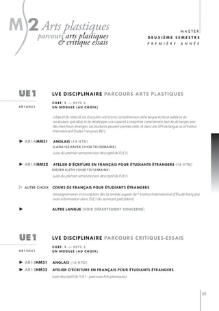 s
m 2parcoursplastiques
    Arts
           arts plastiques
                    & critique essais
                                                                                                   master
                                                                                   deuxième semestre
                                                                                   p r e m i è r e a n n é e




  ue1           lve disciplinaire parcours arts plastiQues
                c o e f. 1 — e c t s 3
  ar1ahu1       u n m o d u l e ( au c h o i x )

                L’objectif de cette UE est d’acquérir une bonne compréhension de la langue écrite et parlée et du
                vocabulaire spécialisé, et de développer une capacité à s’exprimer correctement dans les échanges avec
                des chercheurs étrangers. Les étudiants peuvent prendre cette UE dans une UFR de langue ou à l'Institut
                International d'études Françaises (IIEF).

  ► ar1ahm31    anglais (18 h td)
                iLAnA isehAyeK (1h30 tD/semAine)
                suite du premier semestre (voir descriptif de l'UE1)


  ► ar1ahm32    atelier d’écriture en français pour étudiants étrangers (18 h td)
                didier guth (1h30 td/semaine)
                suite du premier semestre (voir descriptif de l'UE1)


   autre choix cours de français pour étudiants étrangers
                renseignements et inscription dès la rentrée auprès de l' Institut International d'Étude française
                (voir information dans l'UE1 du semestre précédent)

  ►             autre langue (voir département concerné)




  ue1           lve disciplinaire parcours critiQues-essais
                c o e f. 1 — e c t s 3
  ar13hu1       u n m o d u l e ( au c h o i x )


  ► ar13hm31    anglais (18 h td)
  ► ar13hm32    atelier d’écriture en français pour étudiants étrangers
                (voir descriptif de l'UE1 - parcours Arts plastiques)



                                                                                                                          81
 