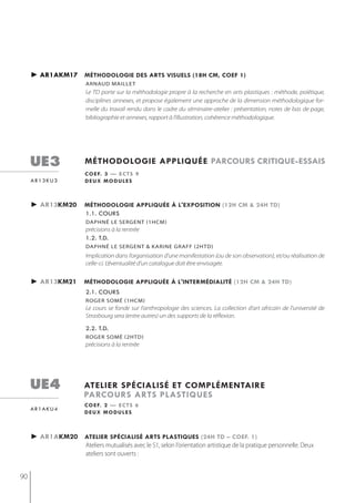 ► ar1akm17 méthodologie des arts visuels (18h cm, coef 1)
                    arnaud maillet
                    Le TD porte sur la méthodologie propre à la recherche en arts plastiques : méthode, poïétique,
                    disciplines annexes, et propose également une approche de la dimension méthodologique for-
                    melle du travail rendu dans le cadre du séminaire-atelier : présentation, notes de bas de page,
                    bibliographie et annexes, rapport à l’illustration, cohérence méthodologique.




     ue3            méthodologie appliQuée parcours critiQue-essais
                    c o e f. 3 — e c t s 9
     ar13ku3        deux modules



     ► ar13km20     méthodologie appliQuée à l'exposition (12h cm & 24h td)
                    1.1. cours
                    daPhné le sergent (1hcm)
                    précisions à la rentrée
                    1.2. t.d.
                    daPhné le sergent & karine graff (2htd)
                    Implication dans l’organisation d’une manifestation (ou de son observation), et/ou réalisation de
                    celle-ci. L’éventualité d’un catalogue doit être envisagée.


     ► ar13km21     méthodologie appliQuée à l'intermédialité (12h cm & 24h td)
                    2.1. cours
                    roger somé (1hcm)
                    Le cours se fonde sur l’anthropologie des sciences. La collection d’art africain de l’université de
                    Strasbourg sera (entre autres) un des supports de la réflexion.

                    2.2. t.d.
                    roger somé (2htd)
                    précisions à la rentrée




     ue4            atelier spécialisé et complémentaire
                    parcours arts plastiQues
                    c o e f. 2 — e c t s 6
     ar1aku4
                    deux modules



     ► ar1akm20 atelier spécialisé arts plastiQues (24h td – coef. 1)
                    Ateliers mutualisés avec le S1, selon l’orientation artistique de la pratique personnelle. Deux
                    ateliers sont ouverts :


90
 