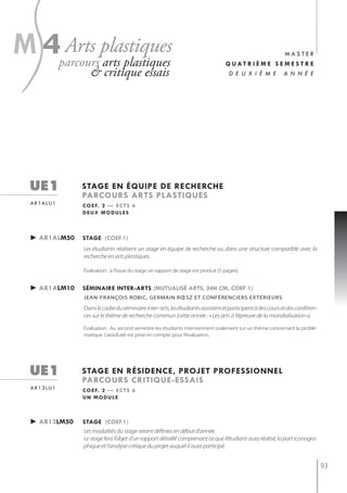 s
m 4parcoursplastiques
    Arts
           arts plastiques
                    & critique essais
                                                                                                        master
                                                                                    Q uat r i è m e s e m e s t r e
                                                                                     d e u x i è m e a n n é e




  ue1            stage en éQuipe de recherche
                 parcours arts plastiQues
  a r 1 a lu 1   c o e f. 2 — e c t s 6
                 deux modules



  ► ar1alm50     stage (coef.1)
                 Les étudiants réalisent un stage en équipe de recherche ou dans une structure compatible avec la
                 recherche en arts plastiques.

                 évaluation : à l’issue du stage un rapport de stage est produit (5 pages).


  ► ar1alm10     séminaire inter-arts (mutualisé arts, 24h cm, coef 1)
                 jeAn-frAnçois robiC, germAin rœsz et ConférenCiers eXtérieUrs

                 Dans le cadre du séminaire inter-arts, les étudiants assistent et participent à des cours et des conféren-
                 ces sur le thème de recherche commun (cette année : « Les arts à l’épreuve de la mondialisation »).

                 Évaluation : Au second semestre les étudiants interviennent oralement sur un thème concernant la problé-
                 matique. L’assiduité est prise en compte pour l’évaluation.




  ue1            stage en résidence, projet professionnel
                 parcours critiQue-essais
  a r 1 3 lu 1   c o e f. 2 — e c t s 6
                 un module



  ► ar13lm50     stage (coef.1)
                 Les modalités du stage seront définies en début d’année.
                 Le stage fera l’objet d’un rapport détaillé comprenant ce que l’étudiant aura réalisé, la part iconogra-
                 phique et l’analyse critique du projet auquel il aura participé.


                                                                                                                              93
 