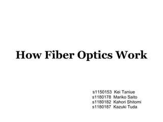 How Fiber Optics Work


            s1150153   Kei Taniue
            s1180178   Mariko Saito
            s1180182   Kahori Shitomi
            s1180187   Kazuki Tuda
 
