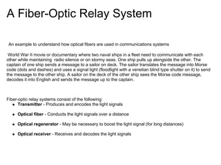 A Fiber-Optic Relay System

An example to understand how optical fibers are used in communications systems

 World War II movie or documentary where two naval ships in a fleet need to communicate with each
other while maintaining radio silence or on stormy seas. One ship pulls up alongside the other. The
captain of one ship sends a message to a sailor on deck. The sailor translates the message into Morse
code (dots and dashes) and uses a signal light (floodlight with a venetian blind type shutter on it) to send
the message to the other ship. A sailor on the deck of the other ship sees the Morse code message,
decodes it into English and sends the message up to the captain.



Fiber-optic relay systems consist of the following:
      Transmitter - Produces and encodes the light signals

     Optical fiber - Conducts the light signals over a distance

     Optical regenerator - May be necessary to boost the light signal (for long distances)

     Optical receiver - Receives and decodes the light signals
 