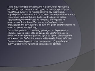 Για το πρώτο στάδιο ο θεραπευτής ή ο κοινωνικός λειτουργός
αναπτύσσει την επαγγελματική σχέση με τον εξυπηρετούμενο,
παράλληλα συλλέγει τις πληροφορίες για τον εξαρτημένο,
συμπληρώνει ιστορικό για την διερεύνηση των παραγόντων που τον
επηρέασαν να εξαρτηθεί στο διαδίκτυο. Στο δεύτερο στάδιο
εφαρμόζει τις διαδικασίες για να πετύχουν οι στόχοι για το
αποτέλεσμα. Στο τρίτο στάδιο γίνεται η αξιολόγηση και η
ολοκλήρωση της συνεργασίας, σε αυτή την φάση αξιολογείται και το
αποτέλεσμα της παρέμβασης.
Πολλοί θεωρούν ότι ο μοναδικός τρόπος για να θεραπευτεί, ο
εθισμός, είναι να κοπεί κάθε επαφή με τον υπολογιστή και το
διαδίκτυο. Είναι αρκετά σημαντικό όμως να βρεθεί μια ισορροπία
στην χρήση του διαδικτύου και στις καθημερινές δραστηριότητες.
Για να πετύχει η θεραπεία είναι απαραίτητο ο εξαρτημένος να
αναγνωρίζει ότι έχει πρόβλημα και χρειάζεται βοήθεια.
 