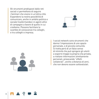 Gli strumenti predisposti dalle reti
          sociali ci permettono di seguire
          i familiari che vivono in un'altra città.
          Espandono la nostra possibilità di
          comunicare, anche in ambito politico e
          sociale trasformandoci in agenti attivi
          di campagne a favore di quello in cui
          crediamo. Possono facilitare lo
          scambio di conoscenze tra colleghi,
          e tra colleghi e impresa.


                                                         I social network sono strumenti che
                                                         danno l’impressione di uno spazio
                                                         personale, o di piccola comunità.
                                                         Si tratta però di un falso senso
                                                         di intimità che può spingere gli utenti
                                                         a esporre troppo la propria vita privata,
                                                         a rivelare informazioni strettamente
                                                         personali, provocando “effetti
                                                         collaterali”, anche a distanza di anni,
                                                         che non devono essere sottovalutati.
Gar54_leaflet_15_4_09:Layout 1 15/04/09 18:20 Pagina 6




     6
 