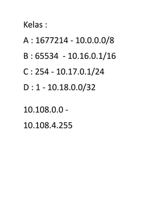 Kelas :
A : 1677214 - 10.0.0.0/8
B : 65534 - 10.16.0.1/16
C : 254 - 10.17.0.1/24
D : 1 - 10.18.0.0/32

10.108.0.0 -
10.108.4.255
 