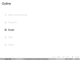 Outline
1 Major shortcomings
2 Pig Latin
3 Dryad
4 CIEL
5 Naiad
Zubair Nabi 8: Enhancements and Alternative Architectures April 19, 2013 15 / 45
 