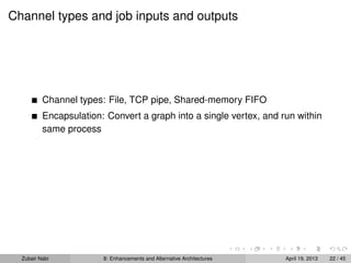 Channel types and job inputs and outputs
Channel types: File, TCP pipe, Shared-memory FIFO
Encapsulation: Convert a graph into a single vertex, and run within
same process
Zubair Nabi 8: Enhancements and Alternative Architectures April 19, 2013 22 / 45
 