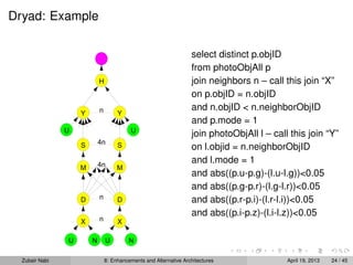 Dryad: Example
D D
MM 4n
SS 4n
YY
H
n
n
X Xn
U UN N
U U
select distinct p.objID
from photoObjAll p
join neighbors n – call this join “X”
on p.objID = n.objID
and n.objID < n.neighborObjID
and p.mode = 1
join photoObjAll l – call this join “Y”
on l.objid = n.neighborObjID
and l.mode = 1
and abs((p.u-p.g)-(l.u-l.g))<0.05
and abs((p.g-p.r)-(l.g-l.r))<0.05
and abs((p.r-p.i)-(l.r-l.i))<0.05
and abs((p.i-p.z)-(l.i-l.z))<0.05
Zubair Nabi 8: Enhancements and Alternative Architectures April 19, 2013 24 / 45
 