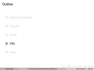 Outline
1 Major shortcomings
2 Pig Latin
3 Dryad
4 CIEL
5 Naiad
Zubair Nabi 8: Enhancements and Alternative Architectures April 19, 2013 29 / 45
 