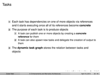 Tasks
1 Each task has dependencies on one of more objects via references
and it starts executing once all of its references become concrete
2 The purpose of each task is to produce objects
1 A task can publish one or more objects by creating a concrete
reference for them
2 A task can also spawn new tasks and delegate the creation of output to
them
3 The dynamic task graph stores the relation between tasks and
objects
Zubair Nabi 8: Enhancements and Alternative Architectures April 19, 2013 32 / 45
 