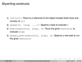 Skywriting constructs
1 ref(url): Returns a reference to the object located (both local and
remote) at url
2 spawn(f, [arg, ...]): Spawns a task to evaluate f
3 exec(executor, args, n): Runs the given executor to
evaluate args
4 spawn_exec(executor, args, n): Spawns a new task to run
the given executor
Zubair Nabi 8: Enhancements and Alternative Architectures April 19, 2013 37 / 45
 