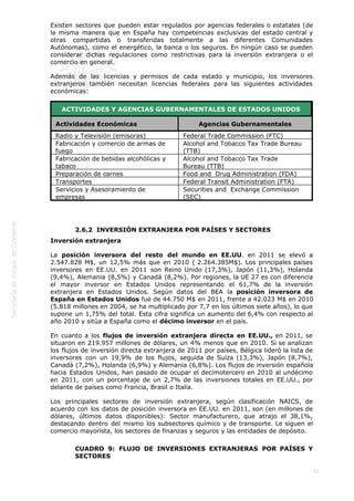  
32
Existen sectores que pueden estar regulados por agencias federales o estatales (de
la misma manera que en España hay competencias exclusivas del estado central y
otras compartidas o transferidas totalmente a las diferentes Comunidades
Autónomas), como el energético, la banca o los seguros. En ningún caso se pueden
considerar dichas regulaciones como restrictivas para la inversión extranjera o el
comercio en general.
Además de las licencias y permisos de cada estado y municipio, los inversores
extranjeros también necesitan licencias federales para las siguientes actividades
económicas:
ACTIVIDADES Y AGENCIAS GUBERNAMENTALES DE ESTADOS UNIDOS
Actividades Económicas Agencias Gubernamentales
Radio y Televisión (emisoras) Federal Trade Commission (FTC)
Fabricación y comercio de armas de
fuego
Alcohol and Tobacco Tax Trade Bureau
(TTB)
Fabricación de bebidas alcohólicas y
tabaco
Alcohol and Tobacco Tax Trade
Bureau (TTB)
Preparación de carnes Food and  Drug Administration (FDA)
Transportes Federal Transit Administration (FTA)
Servicios y Asesoramiento de
empresas
Securities and  Exchange Commission
(SEC)
 
2.6.2  INVERSIÓN EXTRANJERA POR PAÍSES Y SECTORES
Inversión extranjera 
La posición inversora del resto del mundo en EE.UU. en 2011 se elevó a
2.547.828 M$, un 12,5% más que en 2010 ( 2.264.385M$). Los principales países
inversores en EE.UU. en 2011 son Reino Unido (17,3%), Japón (11,3%), Holanda
(9,4%), Alemania (8,5%) y Canadá (8,2%). Por regiones, la UE 27 es con diferencia
el mayor inversor en Estados Unidos representando el 61,7% de la inversión
extranjera en Estados Unidos. Según datos del BEA la posición inversora de
España en Estados Unidos fue de 44.750 M$ en 2011, frente a 42.023 M$ en 2010
(5.818 millones en 2004, se ha multiplicado por 7,7 en los últimos siete años), lo que
supone un 1,75% del total. Esta cifra significa un aumento del 6,4% con respecto al
año 2010 y sitúa a España como el décimo inversor en el país.
En cuanto a los flujos de inversión extranjera directa en EE.UU., en 2011, se
situaron en 219.957 millones de dólares, un 4% menos que en 2010. Si se analizan
los flujos de inversión directa extranjera de 2011 por países, Bélgica lideró la lista de
inversores con un 19,9% de los flujos, seguida de Suiza (13,3%), Japón (8,7%),
Canadá (7,2%), Holanda (6,9%) y Alemania (6,8%). Los flujos de inversión española
hacia Estados Unidos, han pasado de ocupar el decimotercero en 2010 al undécimo
en 2011, con un porcentaje de un 2,7% de las inversiones totales en EE.UU., por
delante de países como Francia, Brasil o Italia.
Los principales sectores de inversión extranjera, según clasificación NAICS, de
acuerdo con los datos de posición inversora en EE.UU. en 2011, son (en millones de
dólares, últimos datos disponibles): Sector manufacturero, que atrajo el 38,1%,
destacando dentro del mismo los subsectores químico y de transporte. Le siguen el
comercio mayorista, los sectores de finanzas y seguros y las entidades de depósito.
CUADRO 9: FLUJO DE INVERSIONES EXTRANJERAS POR PAÍSES Y
SECTORES
 