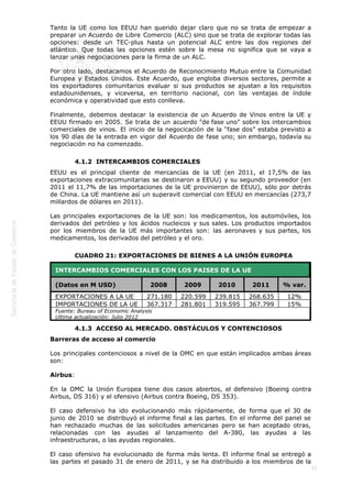  
53
Tanto la UE como los EEUU han querido dejar claro que no se trata de empezar a
preparar un Acuerdo de Libre Comercio (ALC) sino que se trata de explorar todas las
opciones: desde un TEC-plus hasta un potencial ALC entre las dos regiones del
atlántico. Que todas las opciones estén sobre la mesa no significa que se vaya a
lanzar unas negociaciones para la firma de un ALC.
Por otro lado, destacamos el Acuerdo de Reconocimiento Mutuo entre la Comunidad
Europea y Estados Unidos. Este Acuerdo, que engloba diversos sectores, permite a
los exportadores comunitarios evaluar si sus productos se ajustan a los requisitos
estadounidenses, y viceversa, en territorio nacional, con las ventajas de índole
económica y operatividad que esto conlleva.
Finalmente, debemos destacar la existencia de un Acuerdo de Vinos entre la UE y
EEUU firmado en 2005. Se trata de un acuerdo "de fase uno" sobre los intercambios
comerciales de vinos. El inicio de la negocicación de la “fase dos” estaba previsto a
los 90 días de la entrada en vigor del Acuerdo de fase uno; sin embargo, todavía su
negociación no ha comenzado.
4.1.2  INTERCAMBIOS COMERCIALES
EEUU es el principal cliente de mercancías de la UE (en 2011, el 17,5% de las
exportaciones extracomunitarias se destinaron a EEUU) y su segundo proveedor (en
2011 el 11,7% de las importaciones de la UE provinieron de EEUU), sólo por detrás
de China. La UE mantiene así un superavit comercial con EEUU en mercancías (273,7
millardos de dólares en 2011).
Las principales exportaciones de la UE son: los medicamentos, los automóviles, los
derivados del petróleo y los ácidos nucleicos y sus sales. Los productos importados
por los miembros de la UE más importantes son: las aeronaves y sus partes, los
medicamentos, los derivados del petróleo y el oro.
CUADRO 21: EXPORTACIONES DE BIENES A LA UNIÓN EUROPEA
INTERCAMBIOS COMERCIALES CON LOS PAISES DE LA UE       
(Datos en M USD) 2008 2009 2010 2011 % var.
EXPORTACIONES A LA UE 271.180 220.599 239.815 268.635 12%
IMPORTACIONES DE LA UE 367.317 281.801 319.595 367.799 15%
Fuente: Bureau of Economic Analysis
Ultima actualización: Julio 2012
4.1.3  ACCESO AL MERCADO. OBSTÁCULOS Y CONTENCIOSOS
Barreras de acceso al comercio
Los principales contenciosos a nivel de la OMC en que están implicados ambas áreas
son:
Airbus:
En la OMC la Unión Europea tiene dos casos abiertos, el defensivo (Boeing contra
Airbus, DS 316) y el ofensivo (Airbus contra Boeing, DS 353).
El caso defensivo ha ido evolucionando más rápidamente, de forma que el 30 de
junio de 2010 se distribuyó el informe final a las partes. En el informe del panel se
han rechazado muchas de las solicitudes americanas pero se han aceptado otras,
relacionadas con las ayudas al lanzamiento del A-380, las ayudas a las
infraestructuras, o las ayudas regionales.
El caso ofensivo ha evolucionado de forma más lenta. El informe final se entregó a
las partes el pasado 31 de enero de 2011, y se ha distribuido a los miembros de la
 