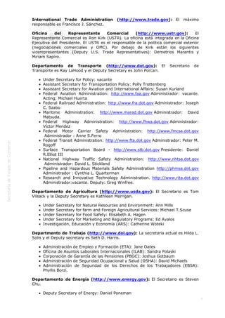  
7
International Trade Administration (http://www.trade.gov): El máximo
responsable es Francisco J. Sánchez.
Oficina del Representante Comercial (http://www.ustr.gov): El
Representante Comercial es Ron Kirk (USTR). La oficina está integrada en la Oficina
Ejecutiva del Presidente. El USTR es el responsable de la política comercial exterior
(negociaciones comerciales y OMC). Por debajo de Kirk están los siguientes
vicerepresentantes (Deputy U.S. Trade Representatives): Demetrios Marantis y
Miriam Sapiro.
Departamento de Transporte (http://www.dot.gov): El Secretario de
Transporte es Ray LaHood y el Deputy Secretary es John Porcari.
Under Secretary for Policy: vacante
Assistant Secretary for Transportation Policy: Polly Trottenberg
Assistant Secretary for Aviation and International Affairs: Susan Kurland
Federal Aviation Administration: http://www.faa.gov Administrador: vacante.
Acting: Michael Huerta
Federal Railroad Administration: http://www.fra.dot.gov Administrador: Joseph
C. Szabo
Maritime Administration: http://www.marad.dot.gov Administrador: David
Matsuda.
Federal Highway Administration: http://www.fhwa.dot.gov Administrador:
Víctor Mendez
Federal Motor Carrier Safety Administration: http://www.fmcsa.dot.gov
 Administrador : Anne S.Ferro
Federal Transit Administration: http://www.fta.dot.gov Administrador: Peter M.
Rogoff
Surface Transportation Board - http://www.stb.dot.gov Presidente: Daniel
R.Elliot III
National Highway Traffic Safety Administration: http://www.nhtsa.dot.gov
 Administrador: David L. Stickland
Pipeline and Hazardous Materials Safety Administration http://phmsa.dot.gov
Administrador : Cynthia L. Quarterman
Research and Innovative Technology Administration. http://www.rita.dot.gov
Administrador:vacante. Deputy: Greg Winfree.
Departamento de Agricultura (http://www.usda.gov): El Secretario es Tom
Vilsack y la Deputy Secretary es Kathleen Merrigan.
Under Secretary for Natural Resources and Environment: Ann Mills
Under Secretary for farm and Foreign Agricultural Services: Michael T.Scuse
Under Secretary for Food Safety: Elisabeth A. Hagen
Under Secretary for Marketing and Regulatory Programs: Ed Avalos
Investigación, Educación y Economía (ARS): Catherine Woteki
Departmento de Trabajo (http://www.dol.gov): La secretaria actual es Hilda L.
Solis y el Deputy secretary es Seth D. Harris.
Administración de Empleo y Formación (ETA): Jane Oates
Oficina de Asuntos Laborales Internacionales (ILAB): Sandra Polaski
Corporación de Garantía de las Pensiones (PBGC): Joshua Gotbaum
Administración de Seguridad Ocupacional y Salud (OSHA): David Michaels
Administración de Seguridad de los Derechos de los Trabajadores (EBSA):
Phyllis Borzi.
Departamento de Energía (http://www.energy.gov): El Secretario es Steven
Chu.
Deputy Secretary of Energy: Daniel Poneman
 