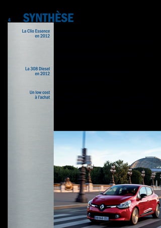 Notre automobiliste qui roule à l’essence a parcouru 8 751 km en 2012, soit 3 % de
moins (271 km) que l’année précédente.
Il roule dans une Clio de 6 CV achetée neuve, émettant 125 g de CO2, à bonus neutre.
Il a dépensé plus de 6 000 € (6 049 €), budget en progression de 1,2 % par rapport
à 2011, à plus de deux fois l’inflation.
Son choix de l’essence est encore justifié, puisque c’est à partir de 9 433 km que la
Clio diesel comparable prend l’avantage financièrement.
En achetant sa 308 de 5 CV, notre automobiliste diesel a perdu son bonus de 400 €
de l’année précédente, malgré ses 110 g de CO2.
Il a parcouru 15 368 km, soit seulement 108 km de moins qu’en 2011 (- 0,7 %).
Il a dépensé près de 8 000 € (7 991 €), en augmentation de 4,4 %.
Pour la seconde année consécutive, nous suivons l’évolution de la Logan diesel.
Comparée à la Clio diesel dont elle est issue, son prix catalogue est inférieur de 30 %.
Mais, comme le prix de reprise du même modèle de 4 ans, qui nous sert à estimer
la vraie valeur de la variable « Achat moins reprise », s’est dégradé rapidement deux
années de suite, l’avantage se réduit à 20 % pour l’acquisition.
Le bénéfice face à la Clio diesel est même tombé cette année à 12 % pour le budget
total.
La Clio Essence
en 2012
Synthèse
La 308 Diesel
en 2012
Un low cost
à l’achat
4
Budget de l'Automobiliste 2013.indd 4 03/06/2013 15:14:28
 