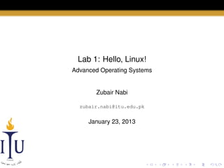 Lab 1: Hello, Linux!
Advanced Operating Systems

Zubair Nabi
zubair.nabi@itu.edu.pk

January 23, 2013

 