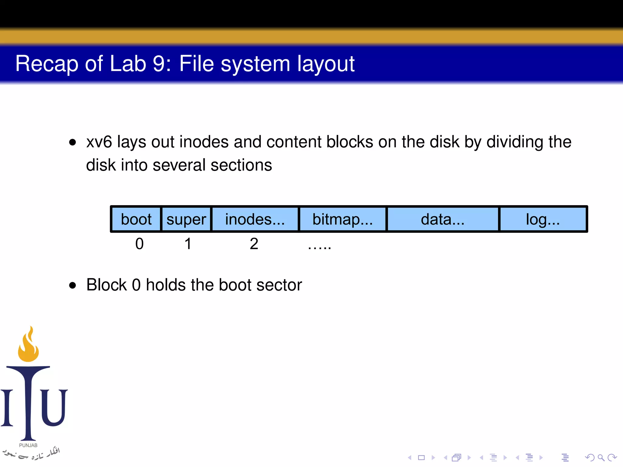 Recap of Lab 9: File system layout

• xv6 lays out inodes and content blocks on the disk by dividing the
disk into several sections
boot super
0

1

inodes...
2

• Block 0 holds the boot sector

bitmap...
…..

data...

log...

 